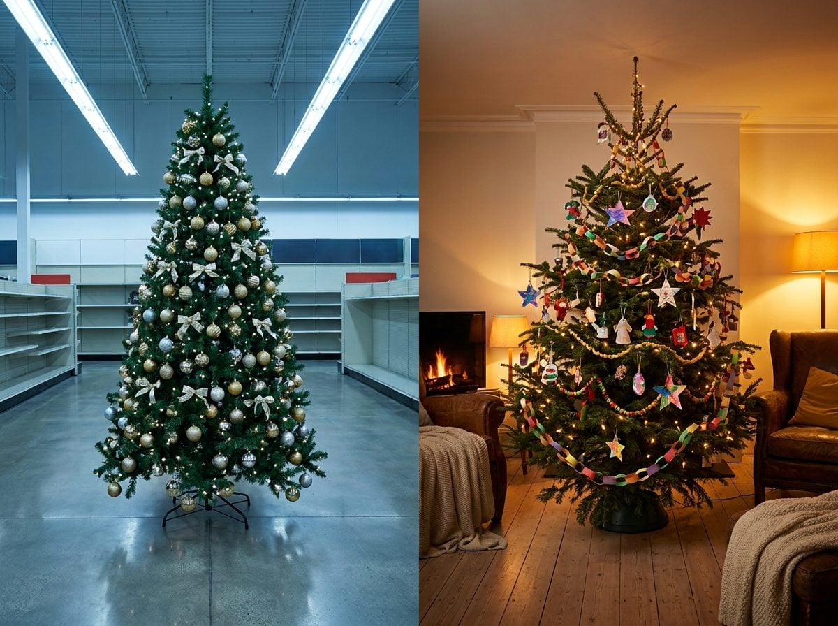 Perfectly Coordinated Store Displays Make Mixed Family Ornaments Look Messy by Comparison