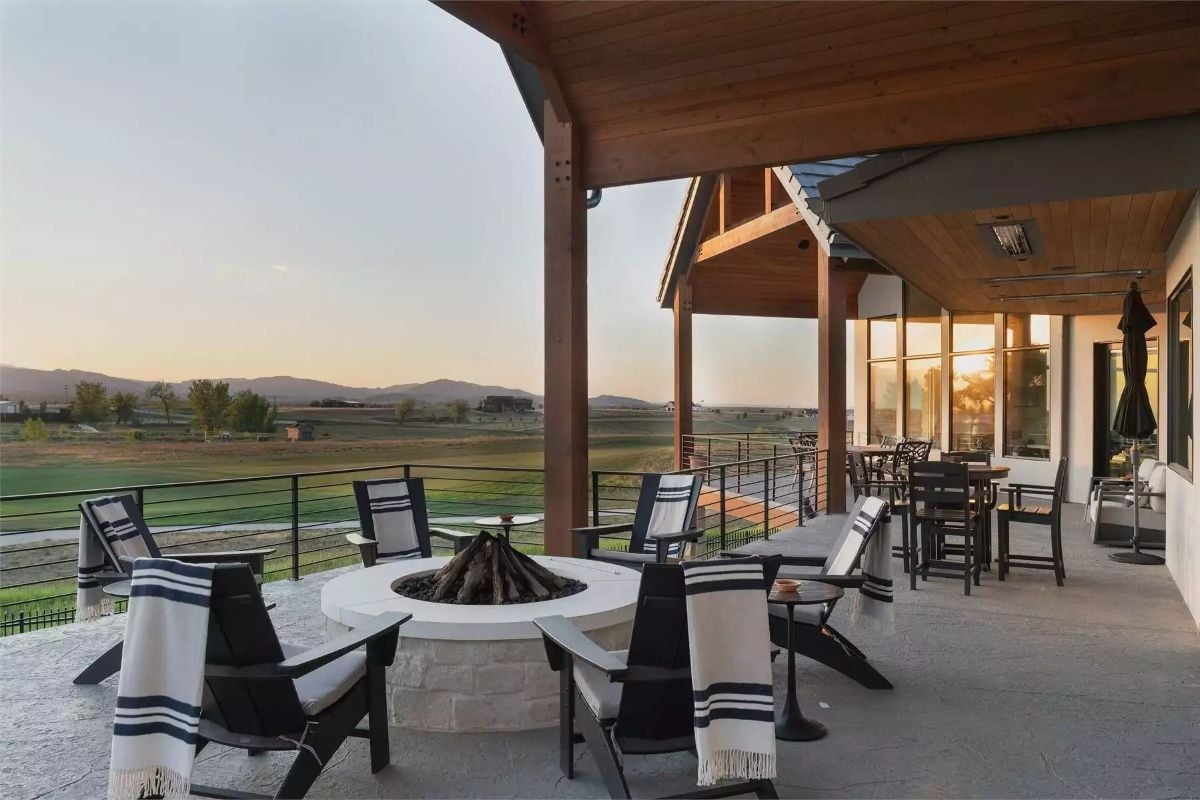 Covered Patio Fire Pit With Ranch Views at Golden Hour