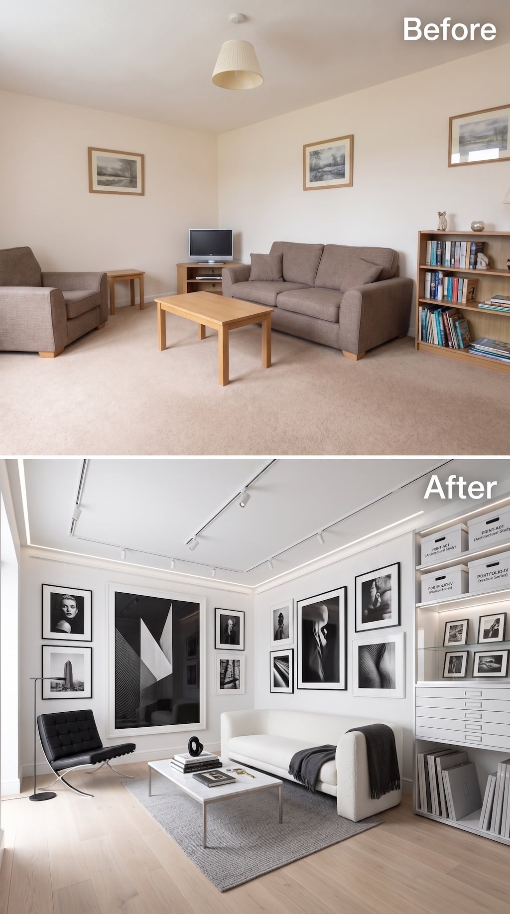 Before and after living room transformed into a monochrome photography gallery with archival flat-file storage