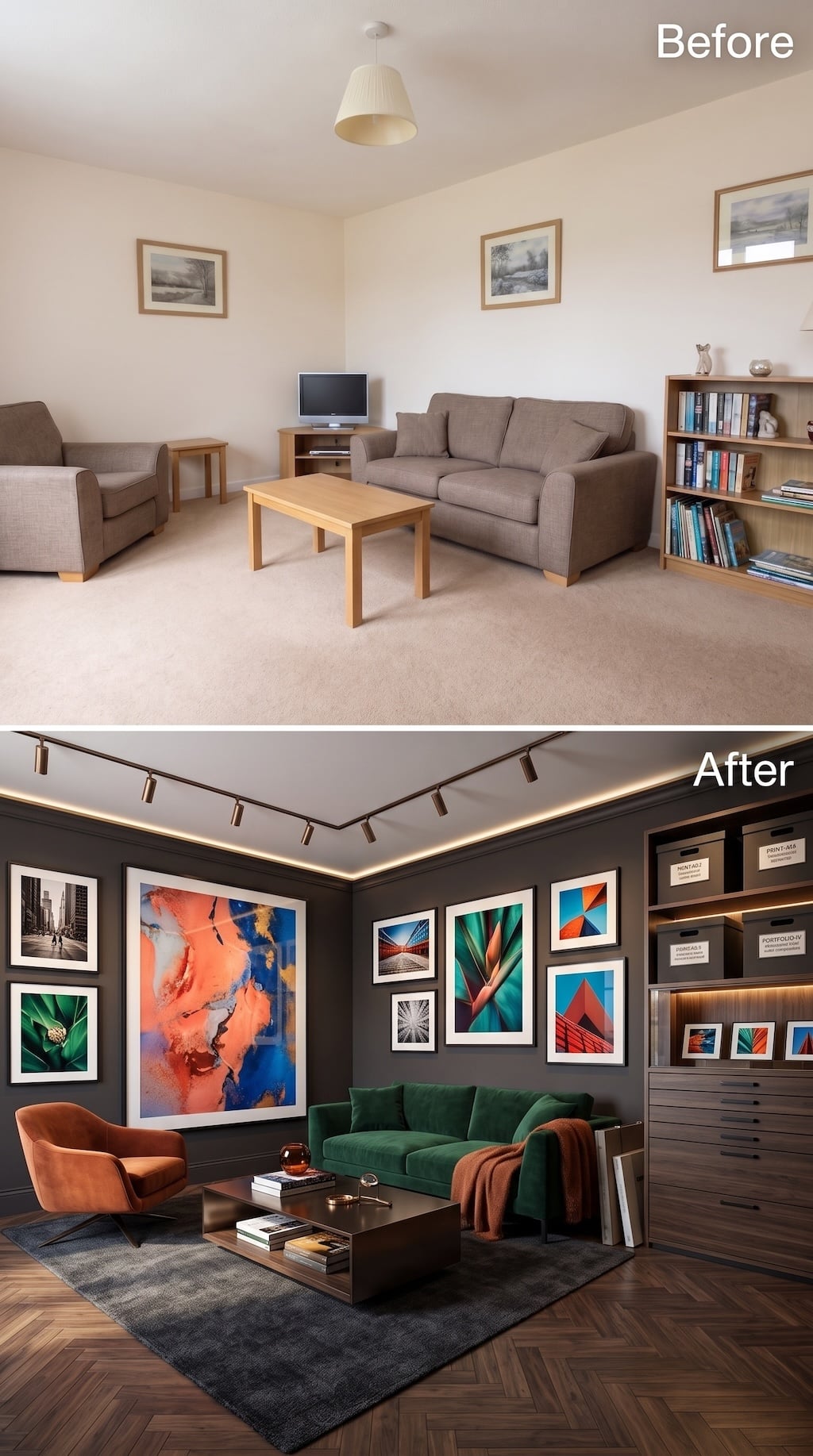 Before and after living room transformed into a dark art gallery with flat-file storage