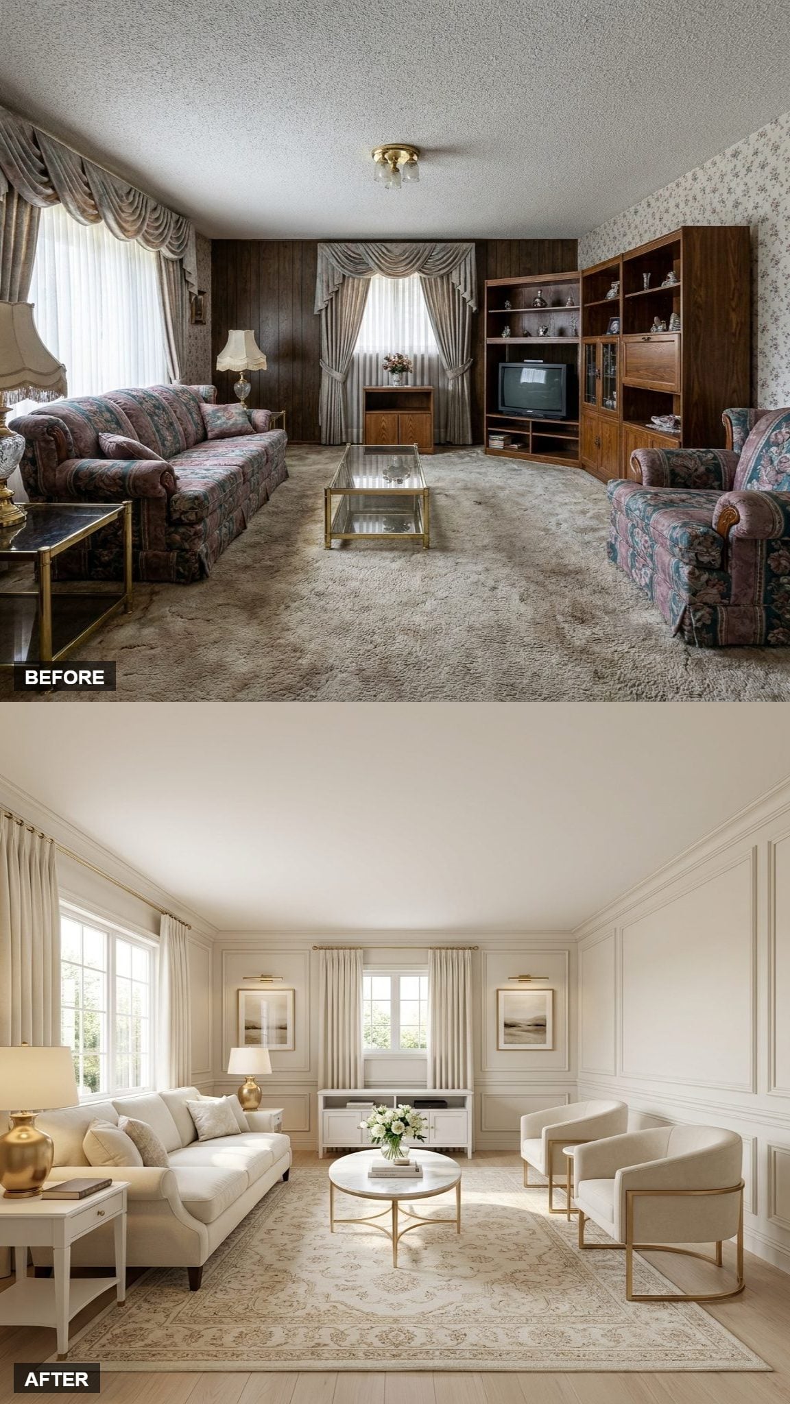 Picture-Frame Molding Elegance in Warm White and Champagne Gold