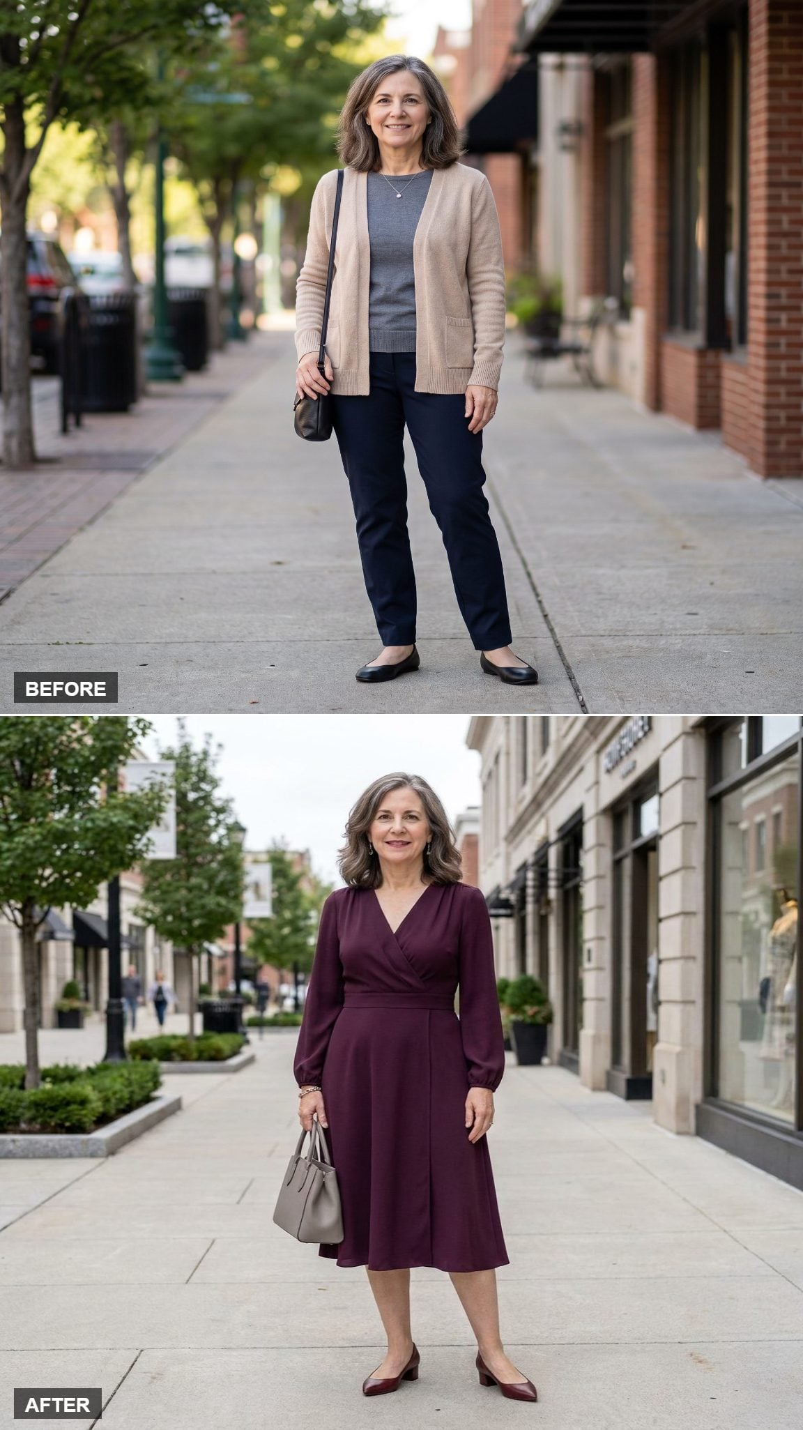 Plum Crepe Wrap Midi Dress With Oxblood Block Heels in an Elegant Shopping District