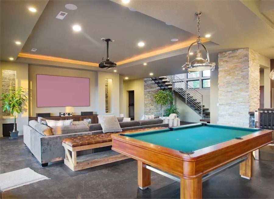 Cherry Pool Table and Pendant Light Signal This Game Room Means Business
