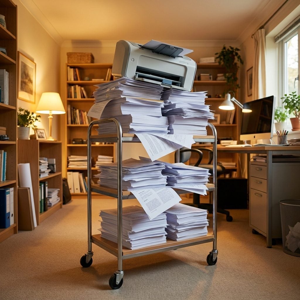 The Printer Table Buried Under Spare Paper and Half-Finished Stacks
