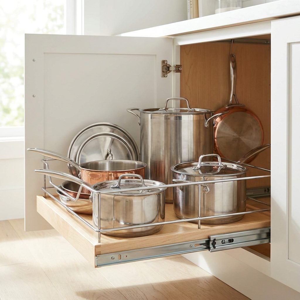 Pull-out kitchen cabinet shelves