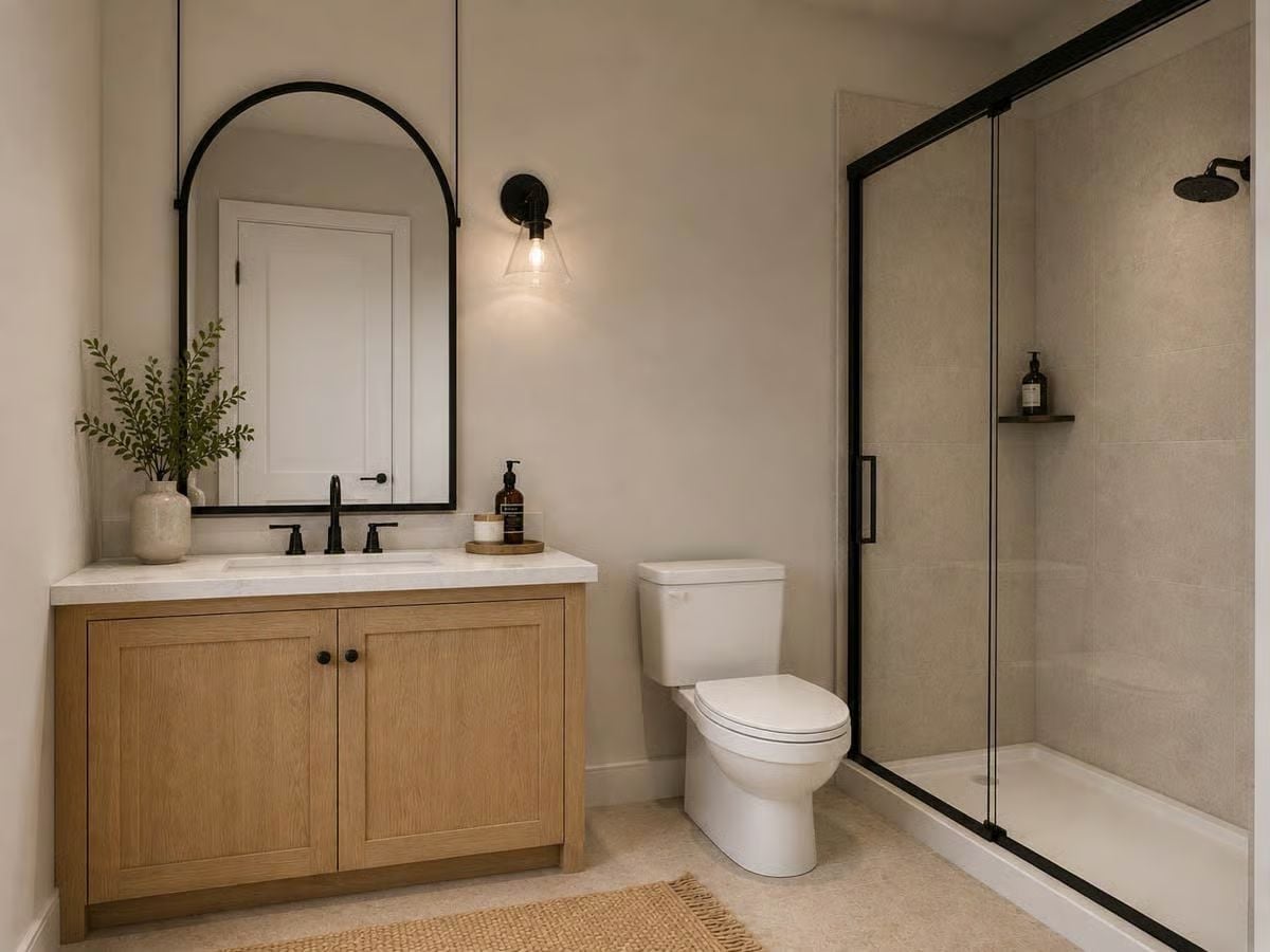 Arched Mirror, Oak Vanity, and a Shower Enclosure That Doesn't Crowd the Room