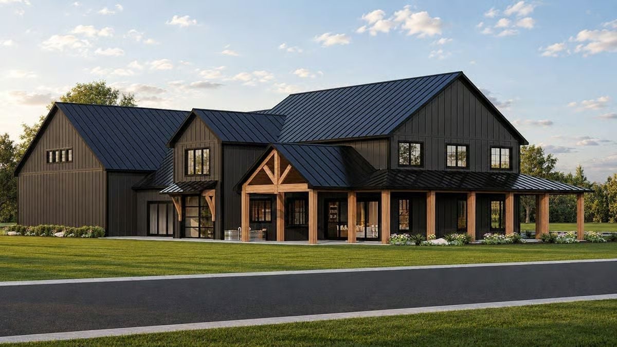 Dark Siding and Timber Columns Make a Case for Modern Farmhouse Done Right