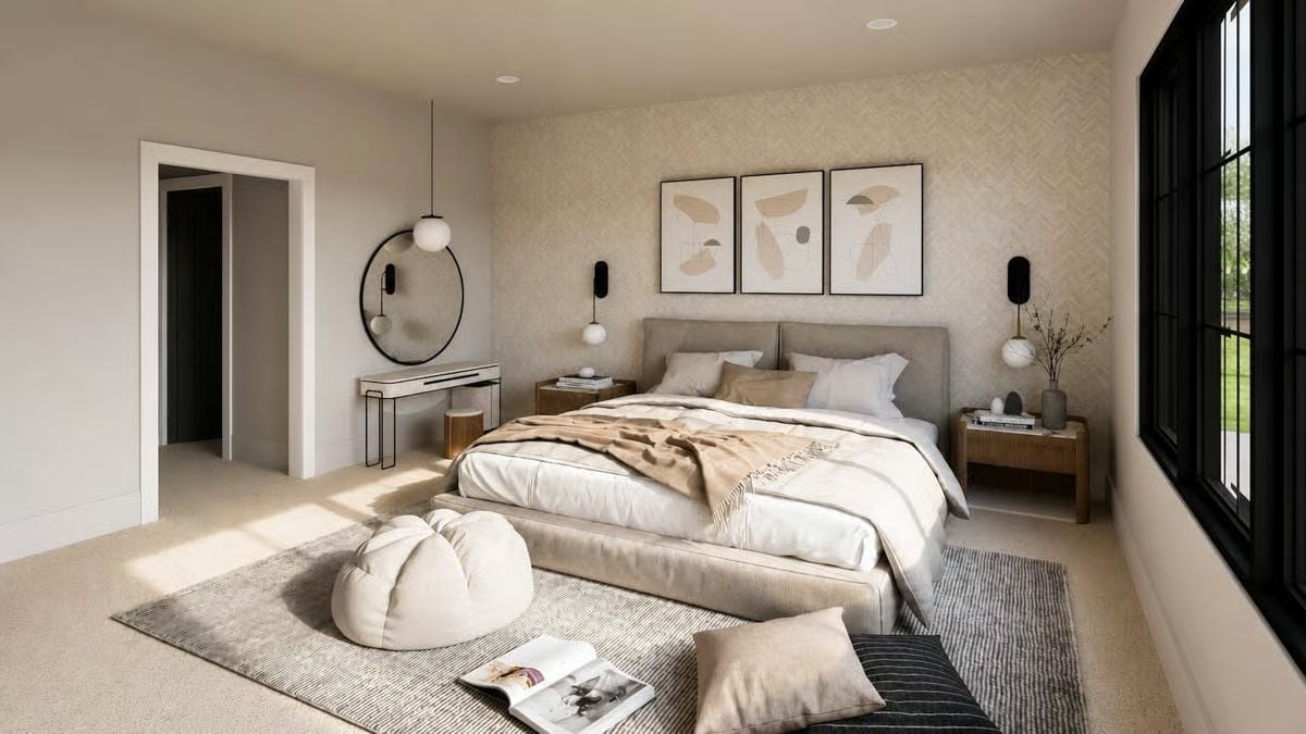 Neutral Tones and Pendant Globes Give This Primary Suite Its Quiet Authority