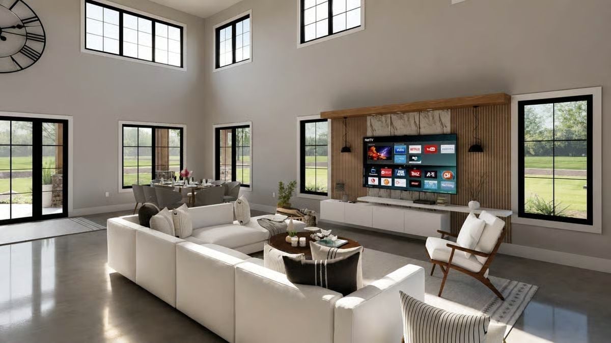 Slatted Wood, Marble Shelf, and a TV Wall That Pulls Its Weight
