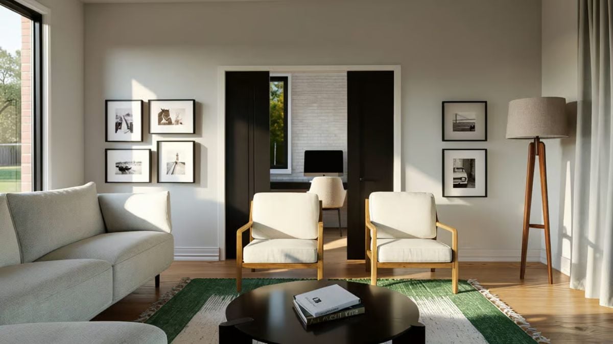 Black Barn Doors, Gold-Frame Chairs, and a Rug That Actually Has Color