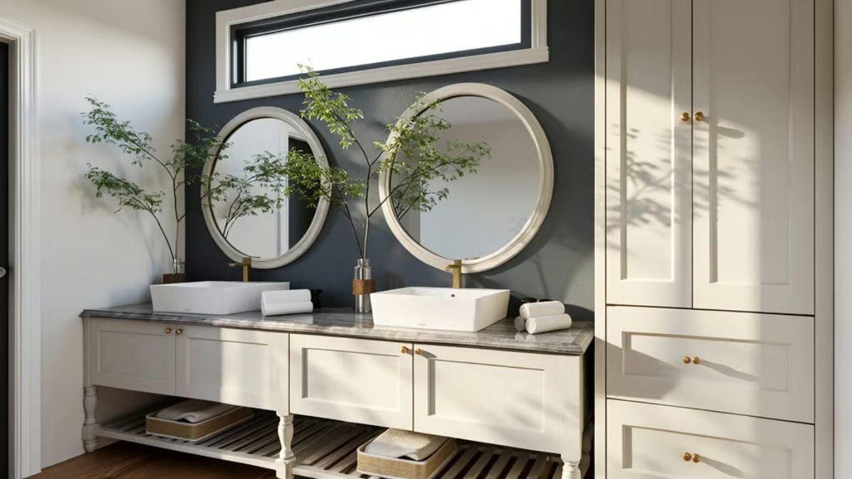 Vessel Sinks, Round Mirrors, and a Dark Accent Wall That Pulls It All Together