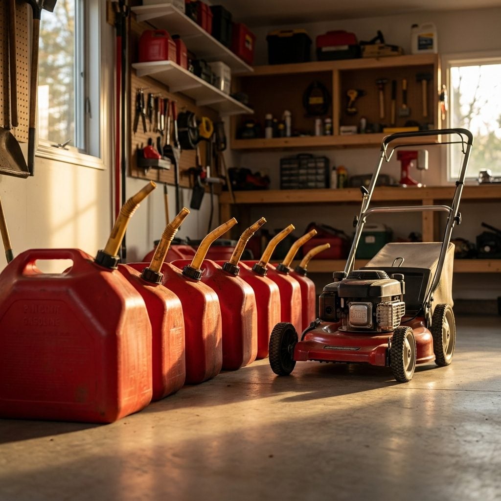 The Red Gas Cans Lined Up by the Lawnmower