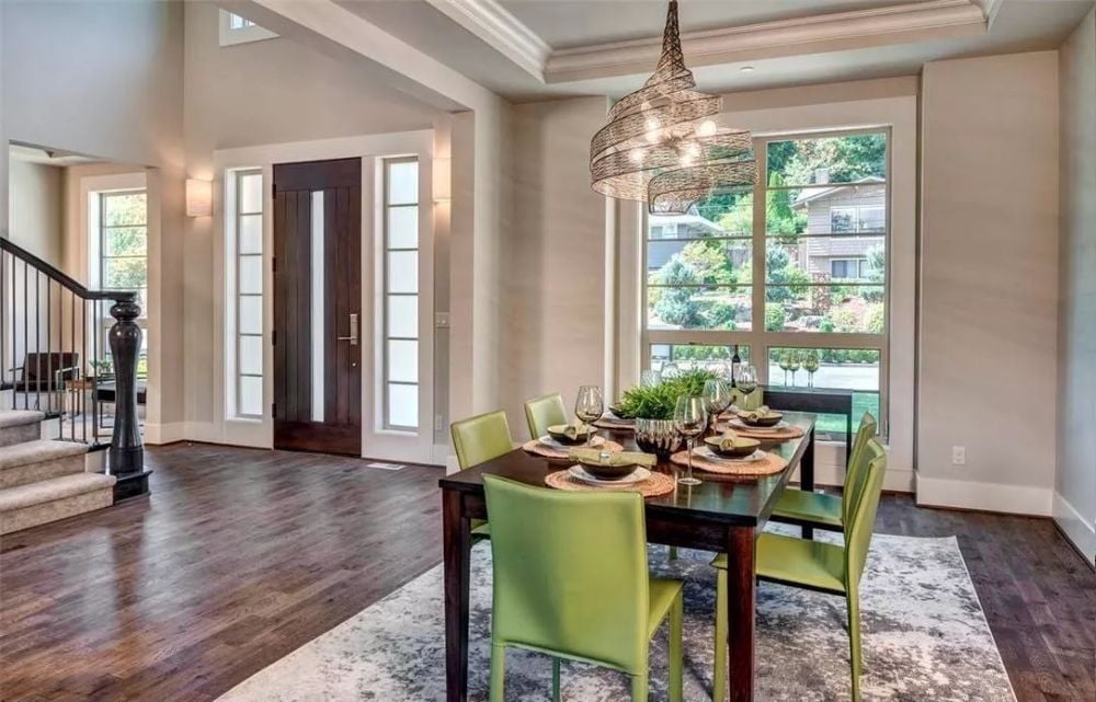 Lime Green Chairs and a Woven Pendant Make This Dining Room Memorable