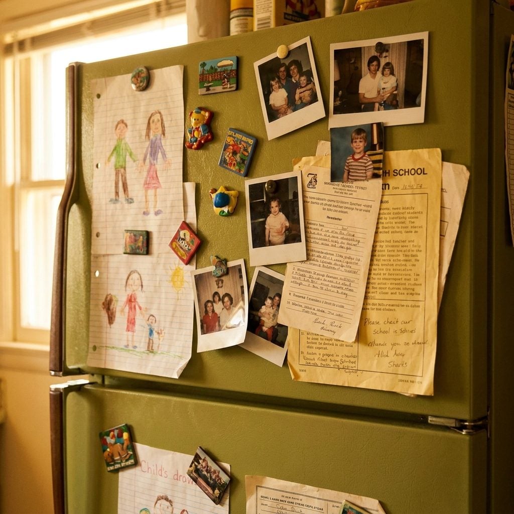 The Refrigerator Door Buried Under Magnets, School Papers, and Family Photos