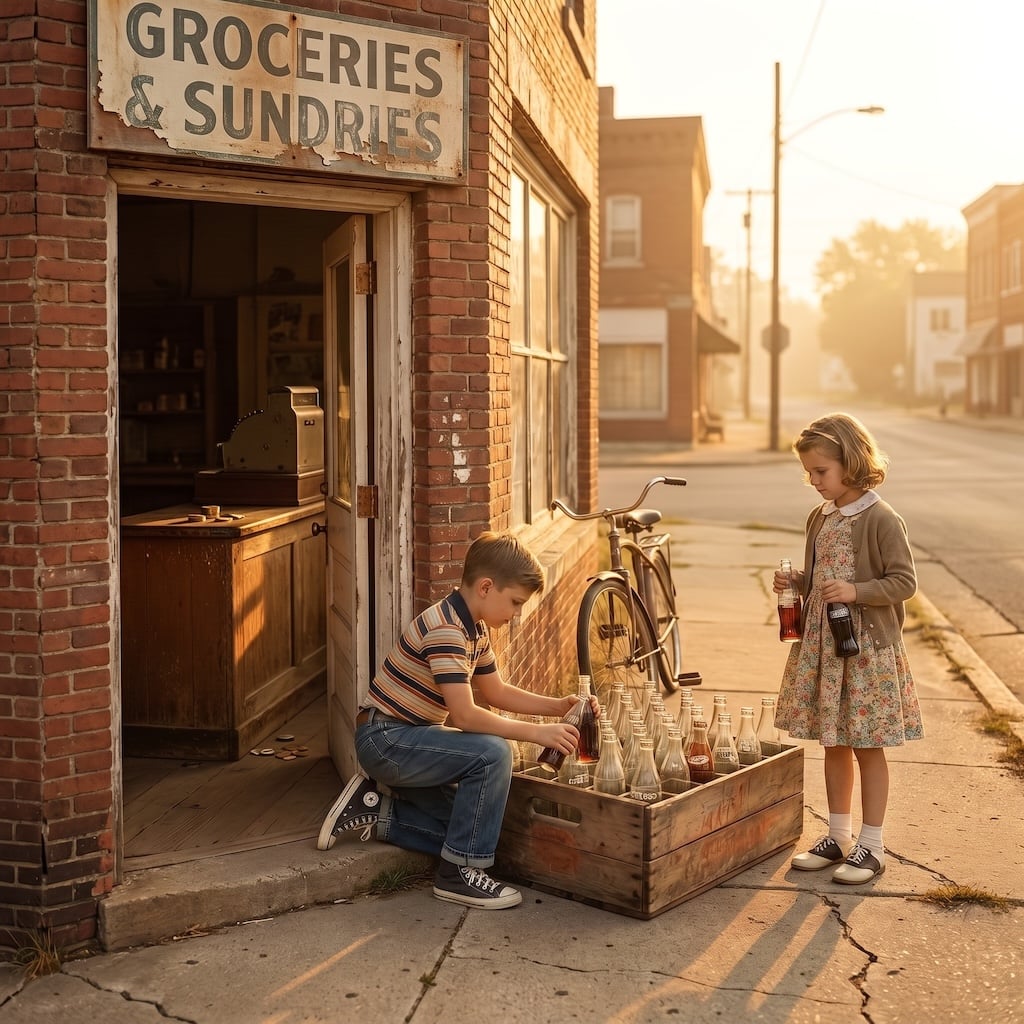 A child carrying returnable glass soda bottles to the corner store