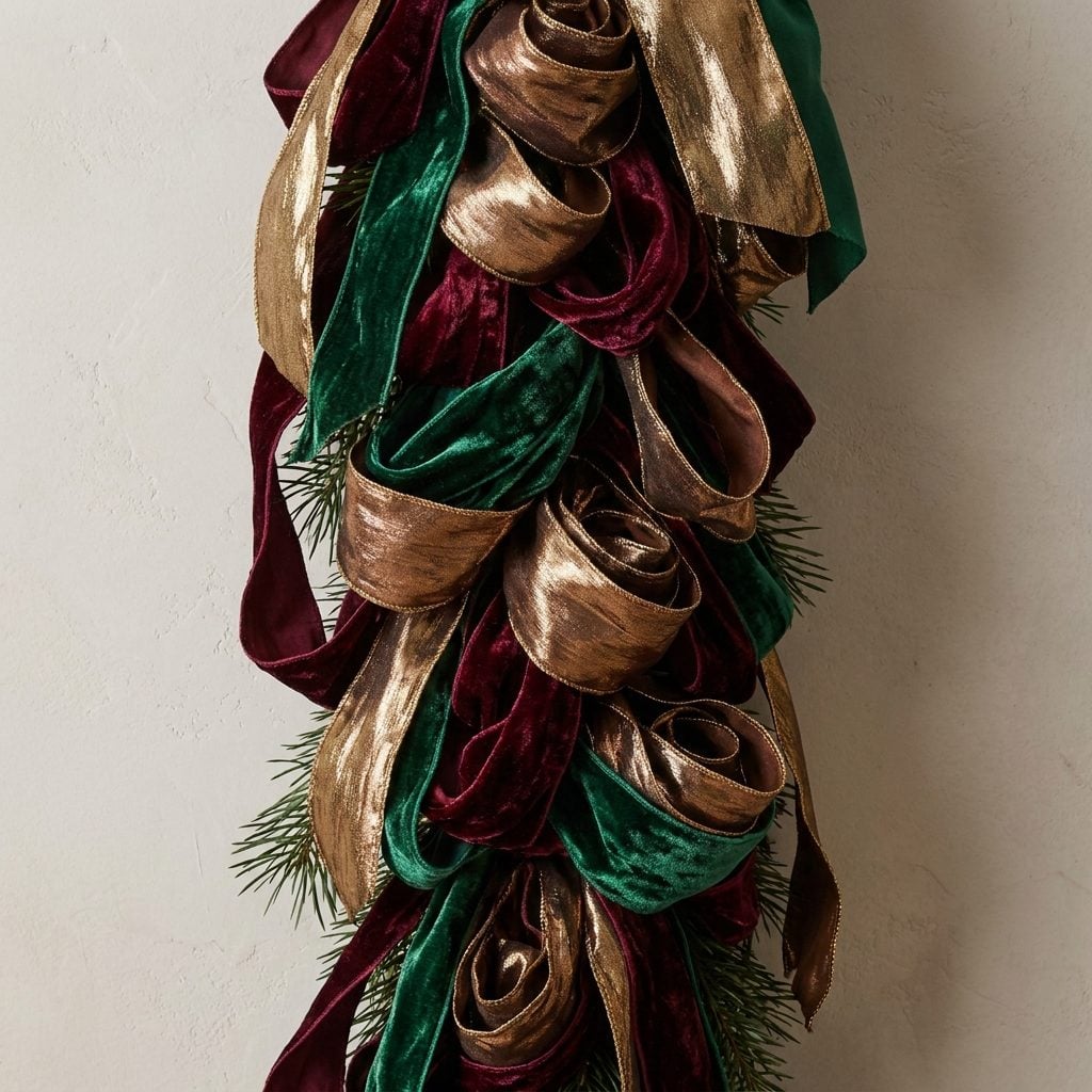 Fir garland on a whitewashed brick mantel wrapped so tightly in burgundy velvet ribbon that the greenery barely shows.