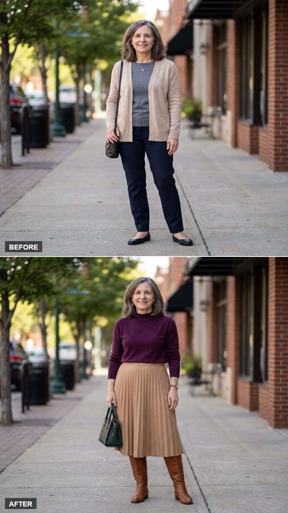 Rich Plum Mock-Neck and Camel Pleated Midi Skirt at an Independent Bookstore
