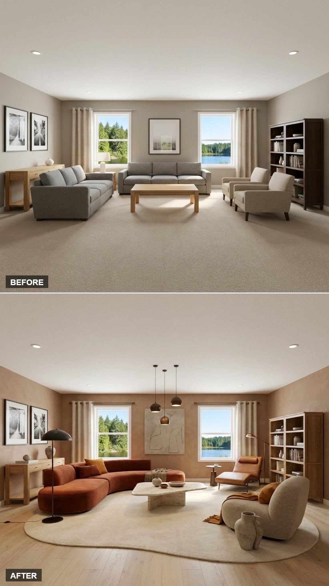 Rich Terracotta Curved Sectional Anchors a Split-Zone Room with a Caramel Leather Reading Chaise
