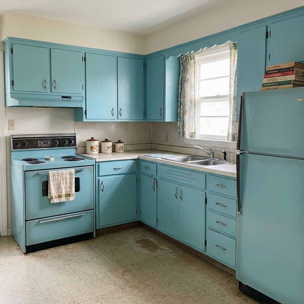 Robin's-Egg Blue Cabinets and Appliances