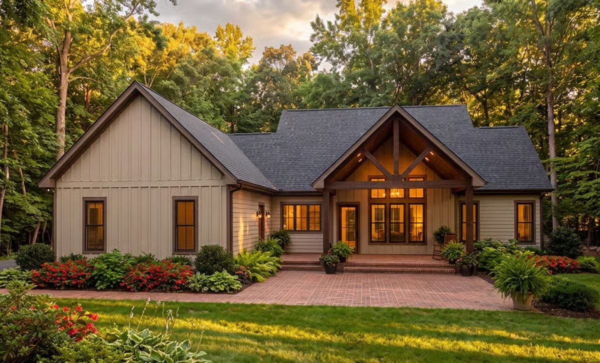 Board-and-Batten Siding, Exposed Timber, and a Porch Light Already On