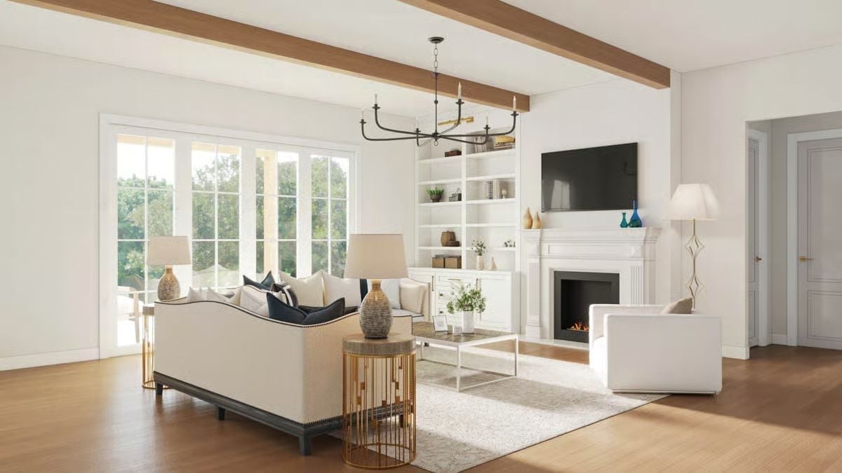 Exposed Ceiling Beams and a Working Fireplace Make This Room Feel Genuinely Lived In