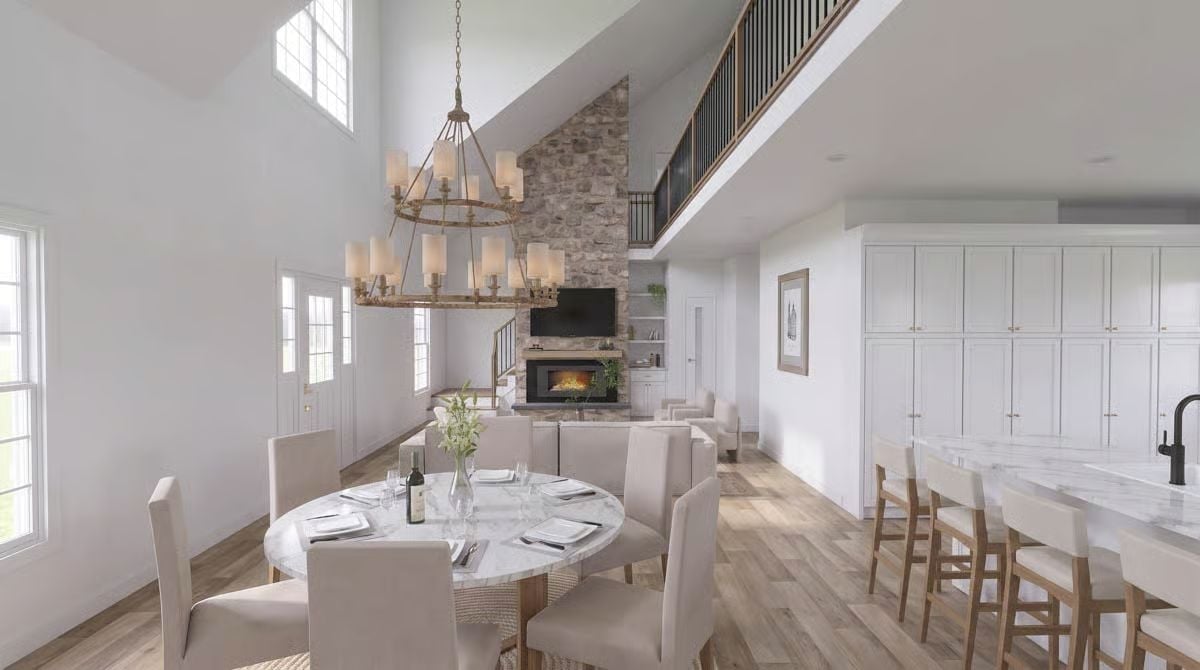 Lofted Ceilings, Stone Fireplace, and a Chandelier That Means Business