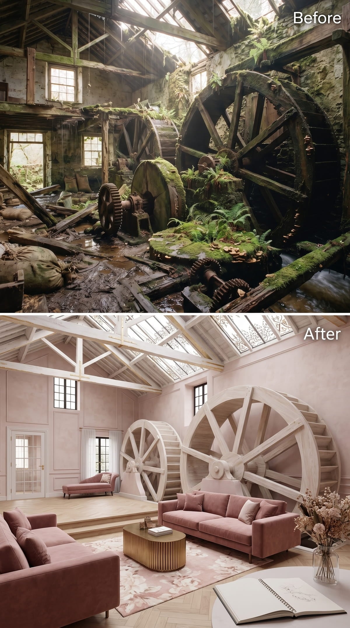 Blush Velvet, Whitewashed Wheels, and Skylights That Do All the Work