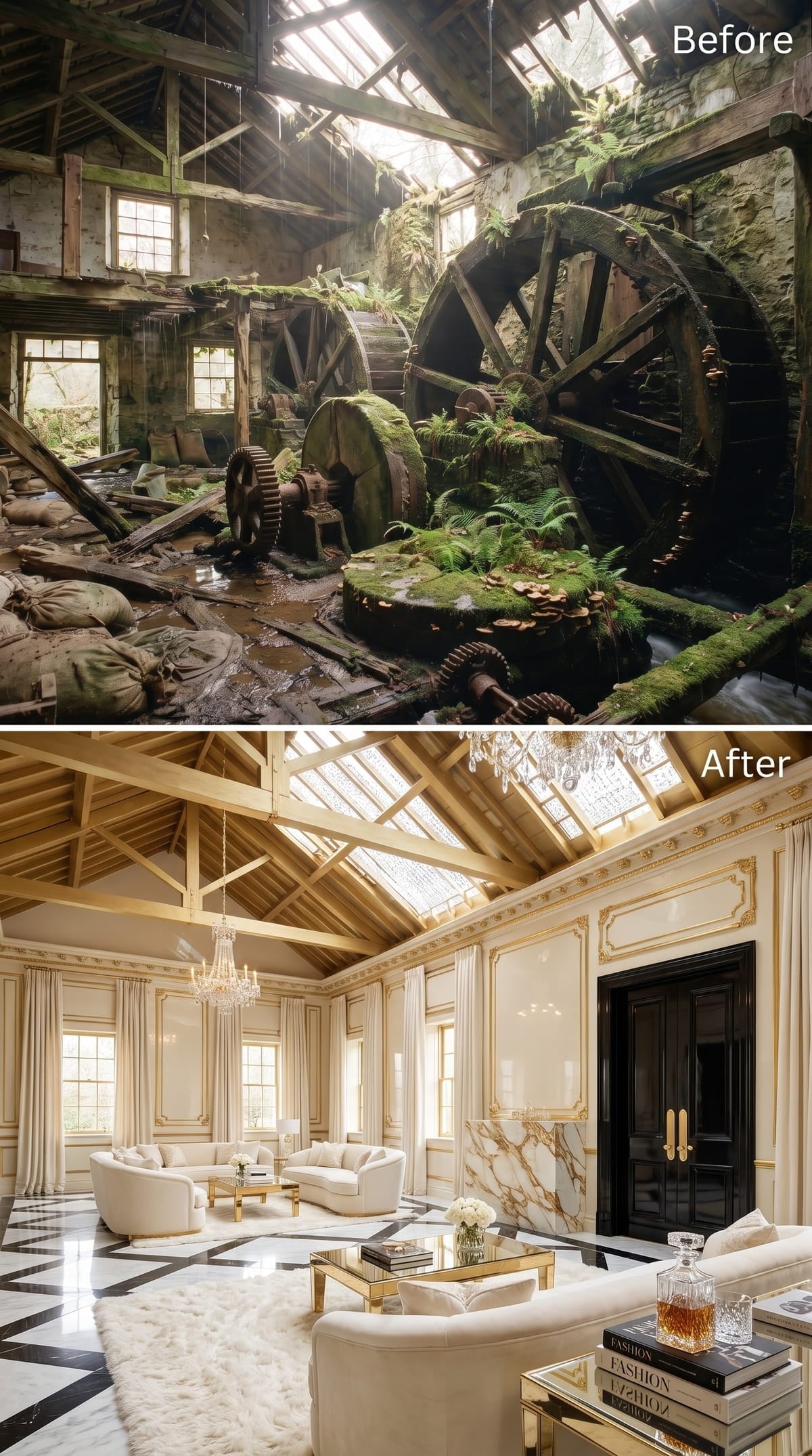 Crystal Chandeliers, Gold Molding, and Exposed Rafters That Refused to Be Hidden
