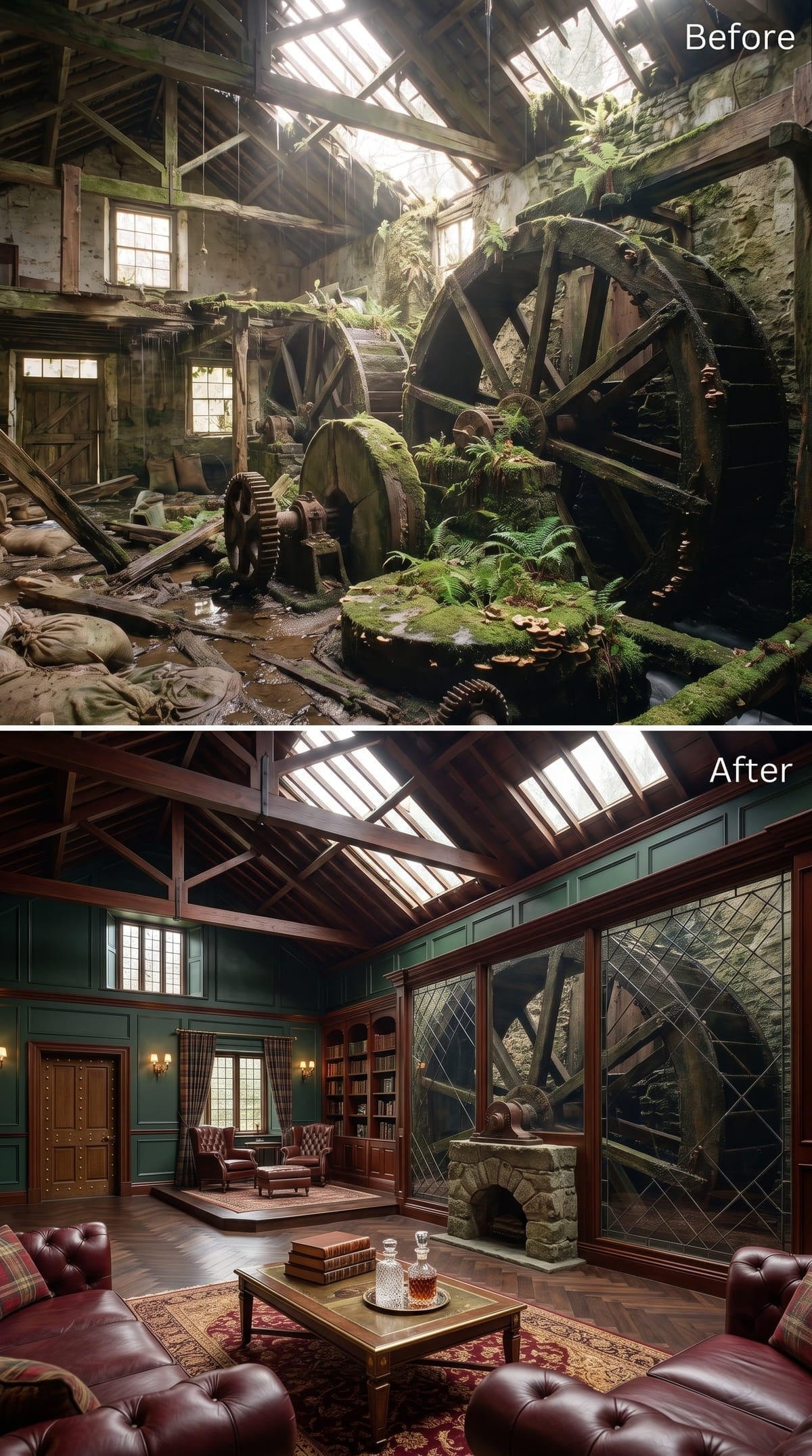 Dark Green Walls, Chesterfield Leather, and a Mill Wheel Behind Glass