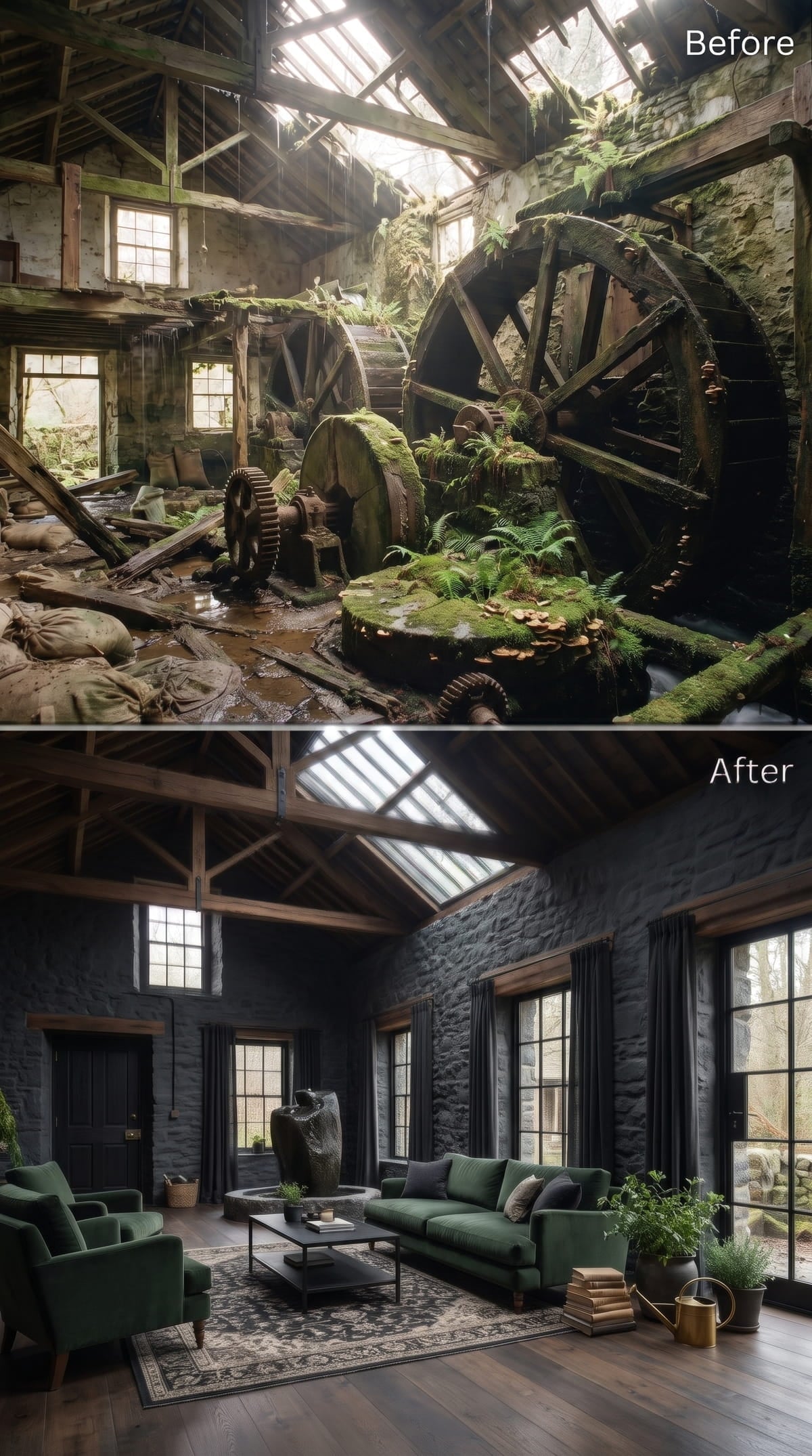 Dark Stone, Velvet Green, and Exposed Timber That Earns Every Inch