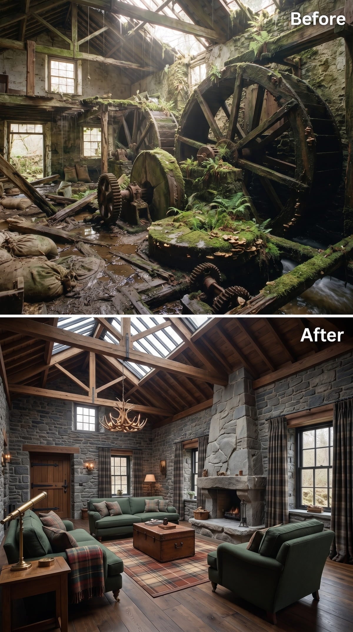 Dark Timber Trusses, Plaid Wool, and a Stone Fireplace Built to Last Centuries