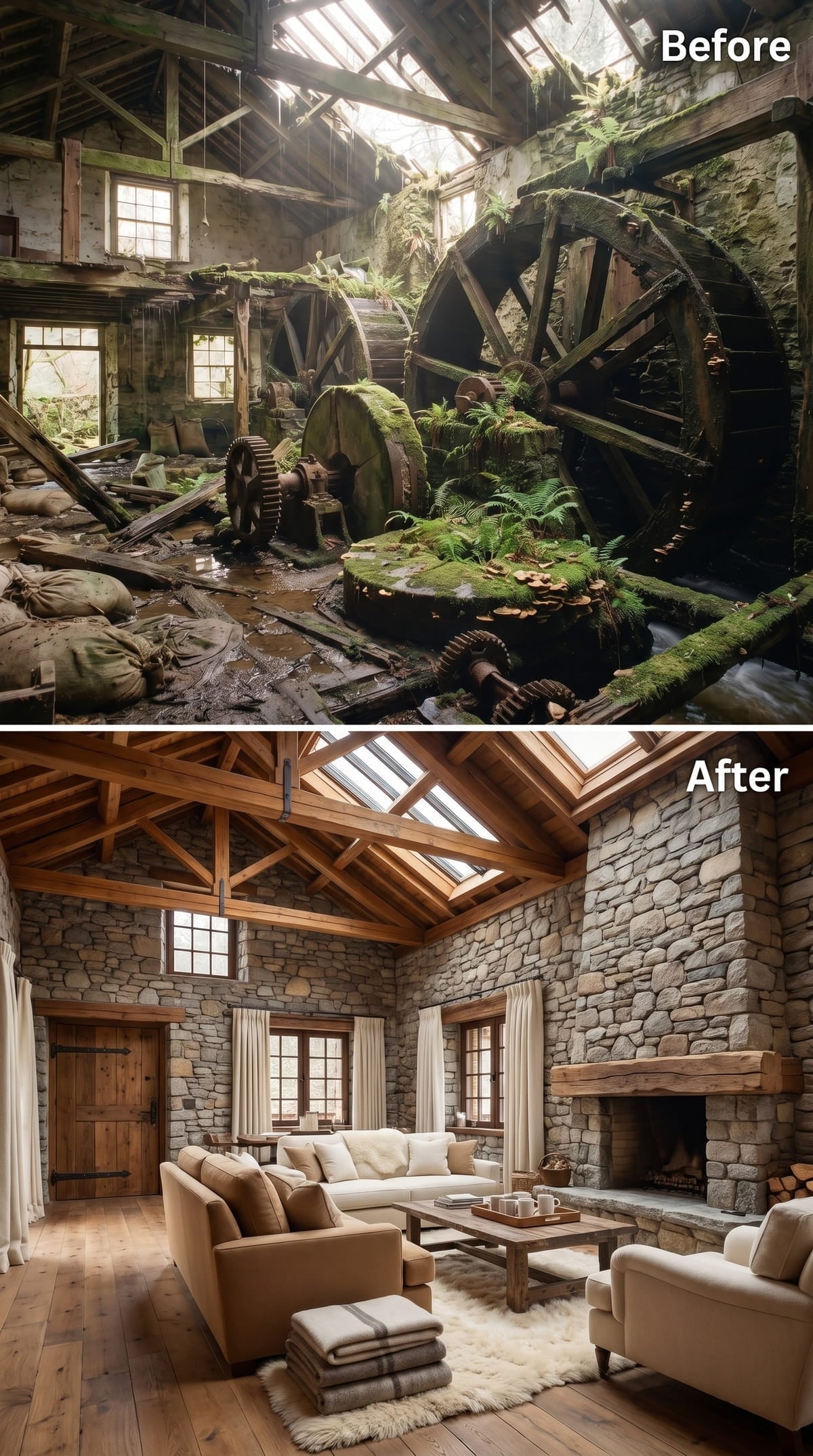 Fieldstone Walls, Exposed Rafters, and a Fireplace That Commands the Room