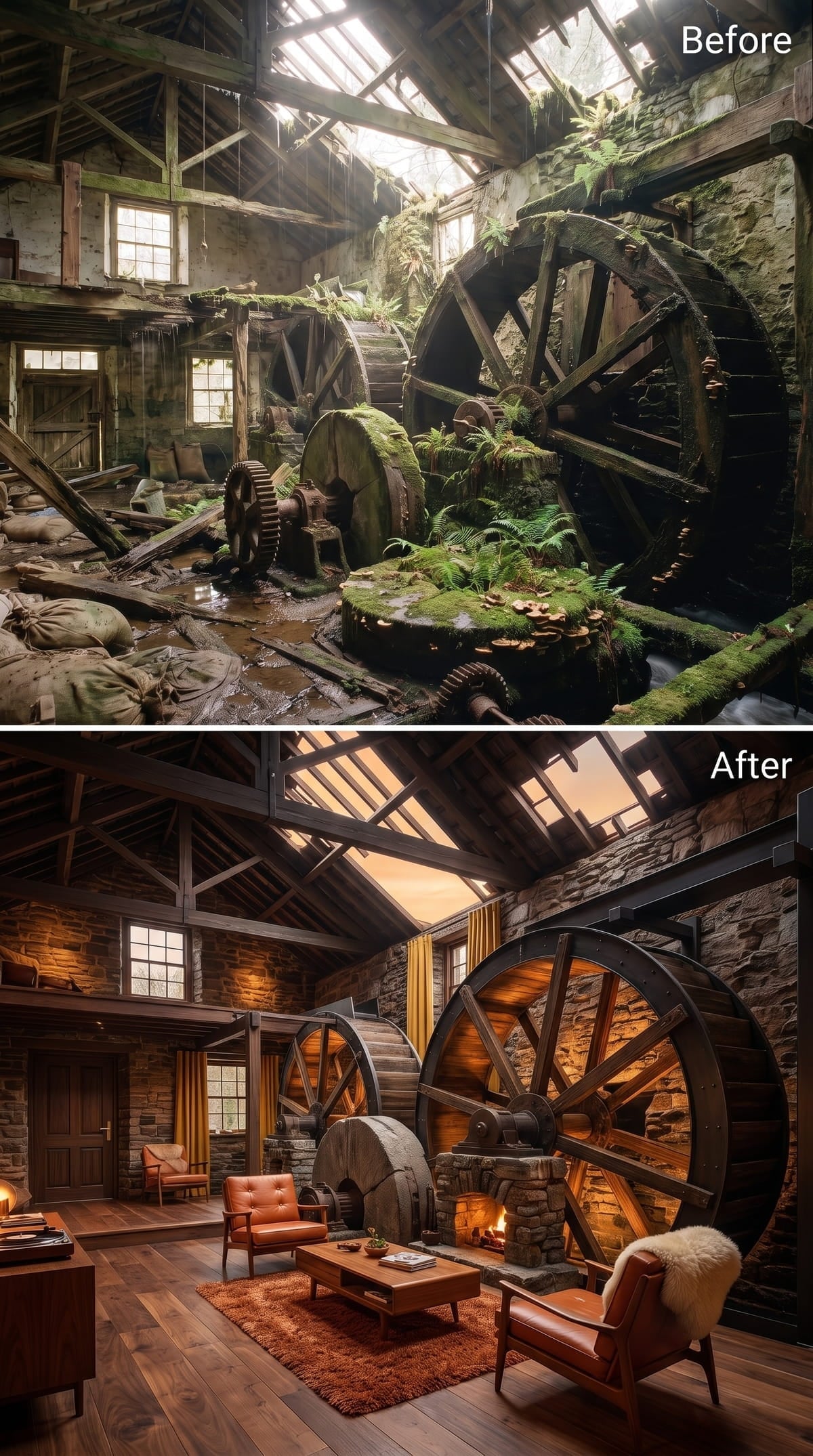 Leather Chairs, Firelight, and a Mill Wheel That Never Left