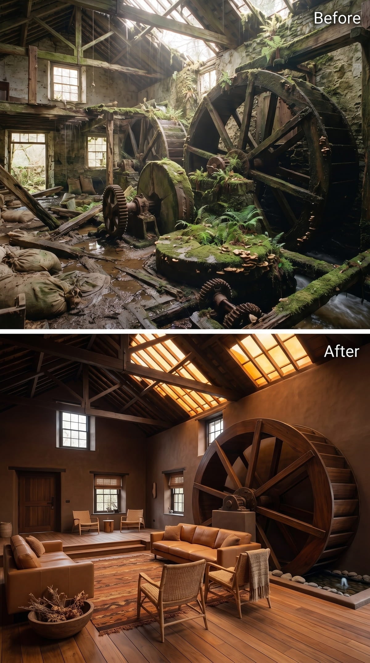 Leather Sofas, Glowing Skylights, and a Mill Wheel That Got to Stay