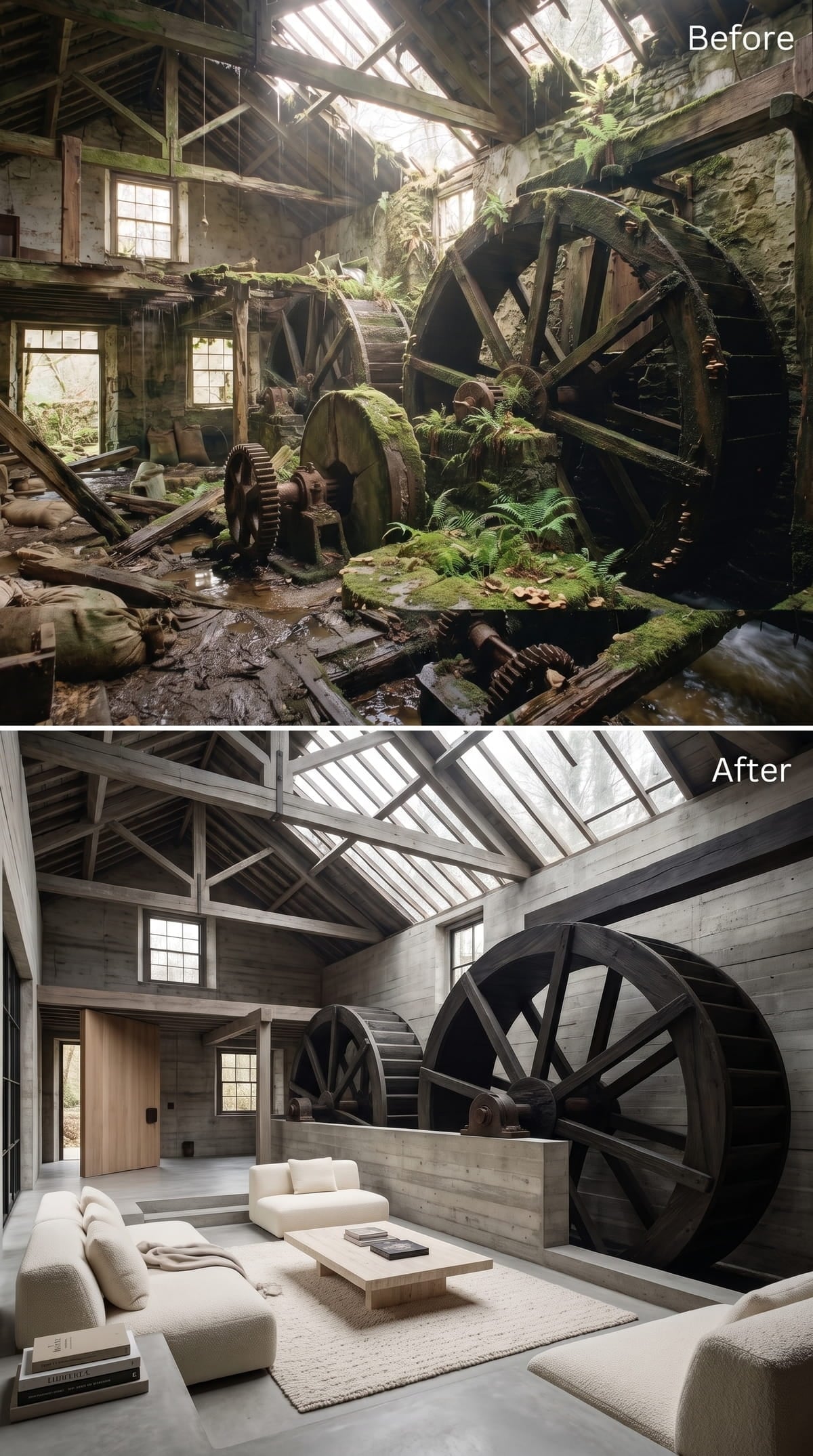 Raw Timber, Concrete Gray, and Two Mill Wheels That Anchor the Whole Room