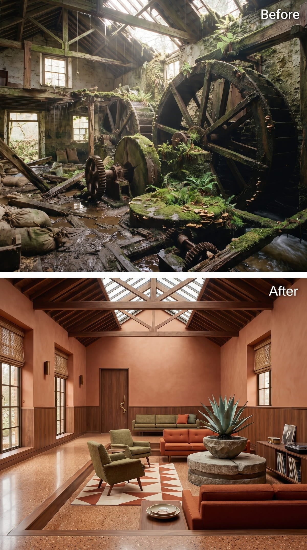 Terracotta Plaster, a Millstone Planter, and Mid-Century Seating That Actually Belongs Here