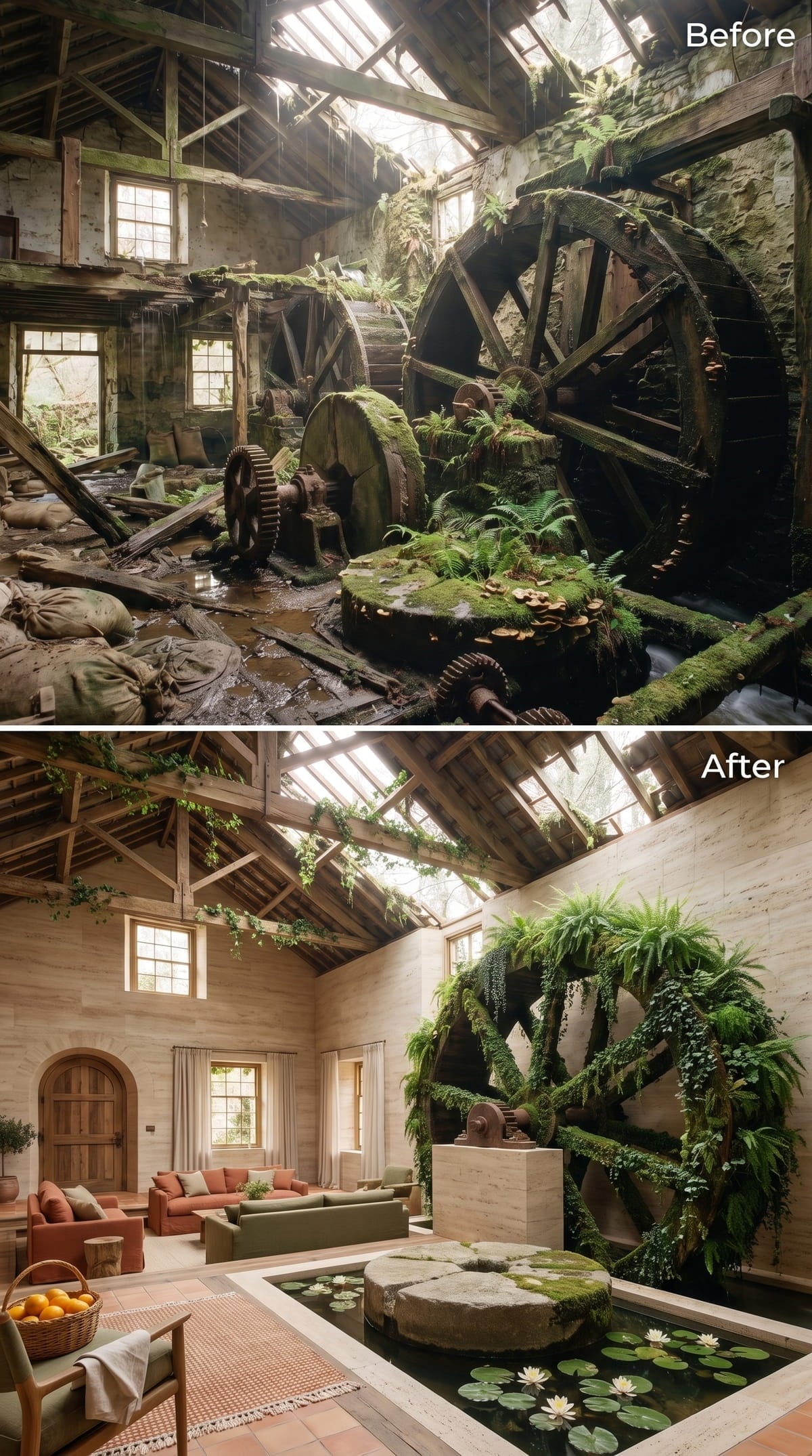 Travertine Walls, Lily Pads, and One Mill Wheel That Became the Focal Point