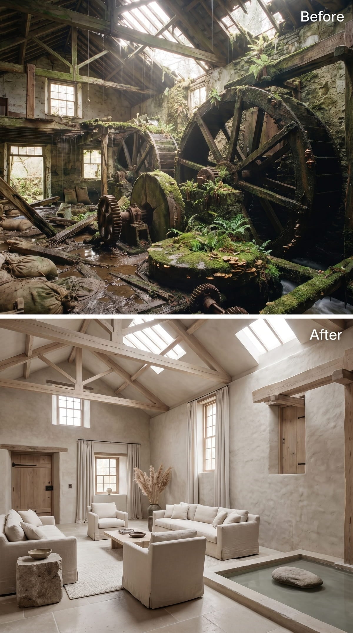 Washed Plaster, Exposed Trusses, and an Indoor Basin Where the Millrace Used to Run