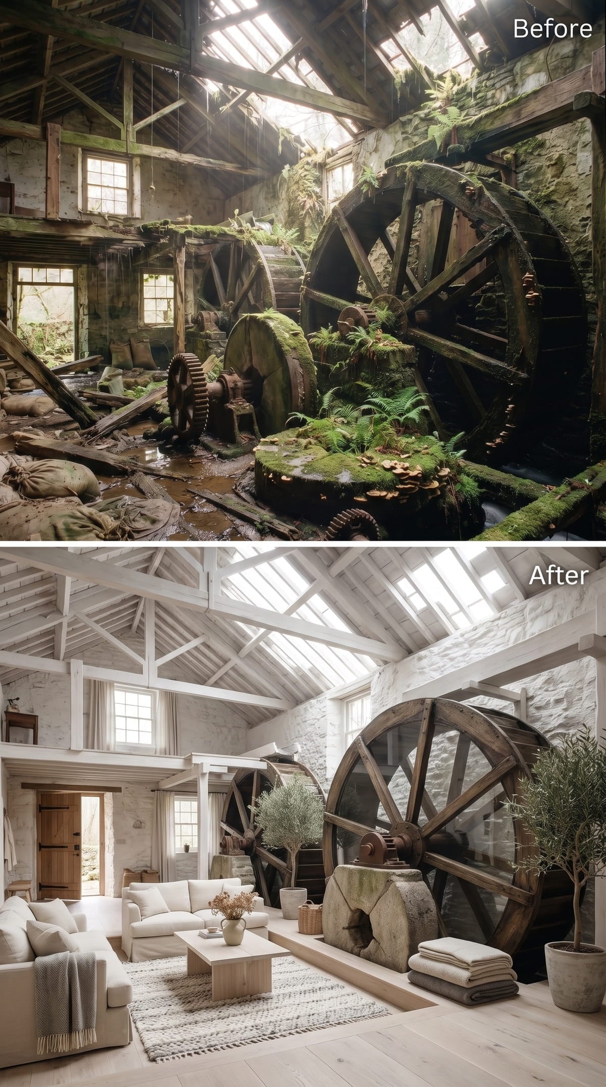 Whitewashed Rafters, Linen Sofas, and a Mill Wheel That Refuses to Be Ignored
