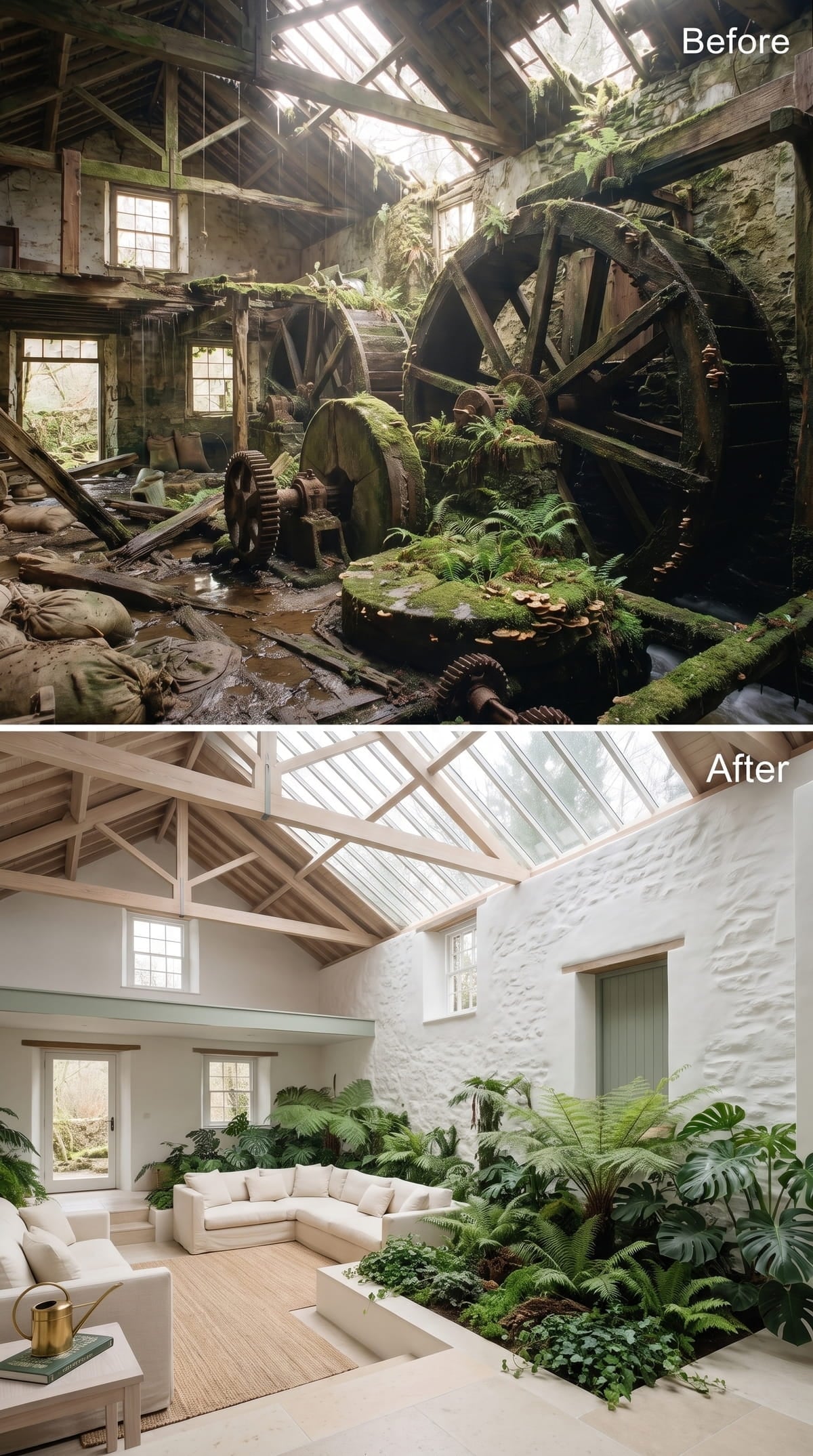 Whitewashed Stone, a Skylight Roof, and Ferns That Actually Belong Here