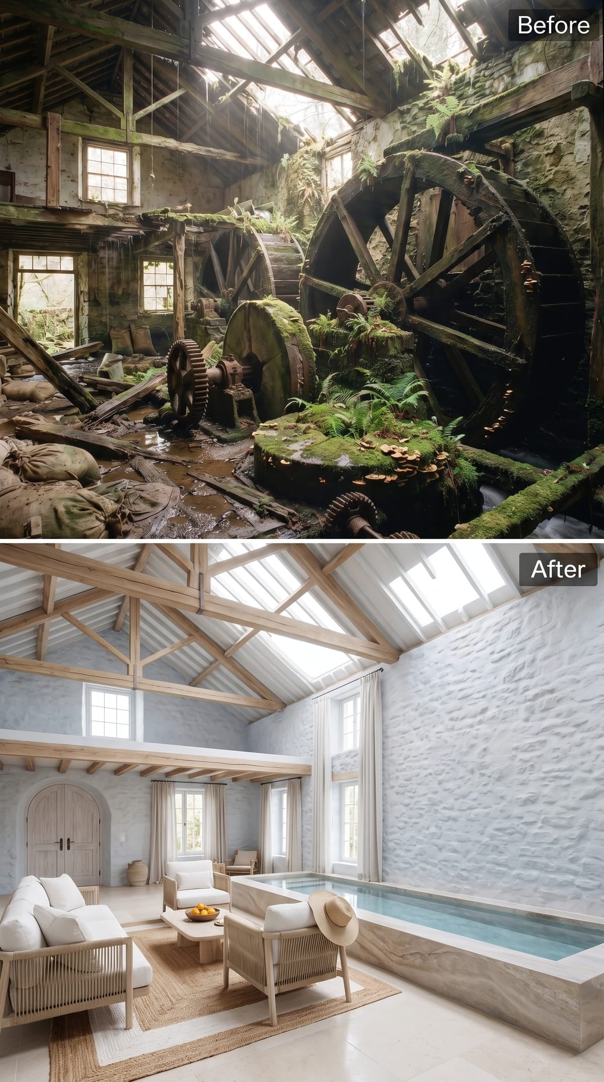 Whitewashed Stone, Exposed Timber Trusses, and an Indoor Pool That Runs the Full Wall