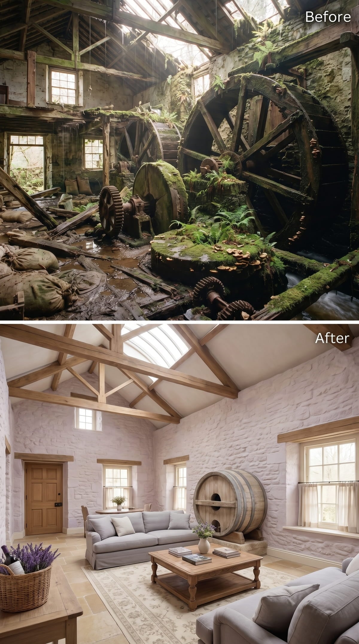 Whitewashed Stone, Oak Trusses, and a Mill Drum That Became the Focal Point