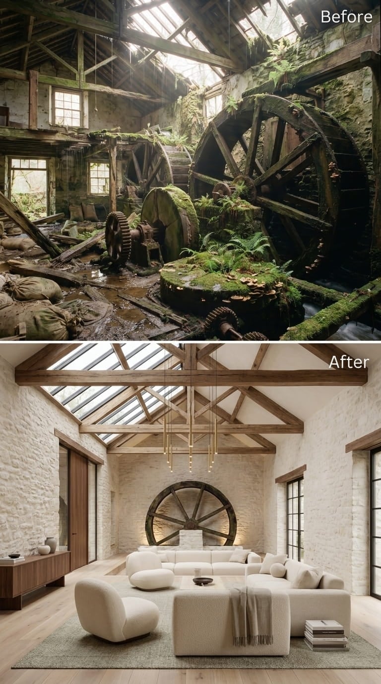 Whitewashed Stone Walls, Exposed Beams, and One Very Intentional Water Wheel