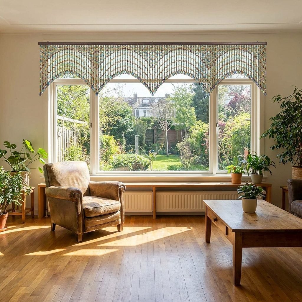 Short decorative row of beads above a 1970s picture window