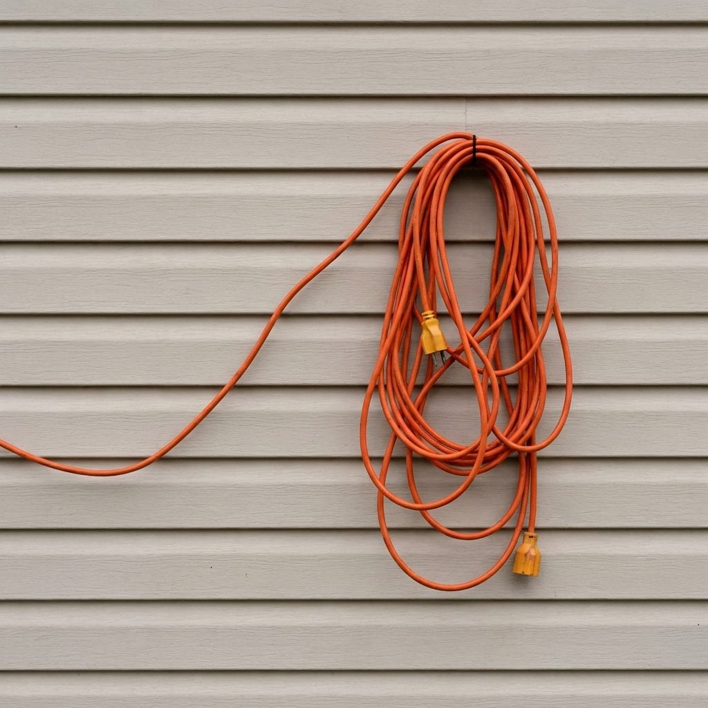 Running Bright Extension Cords Across Siding Where Everyone Can See Them