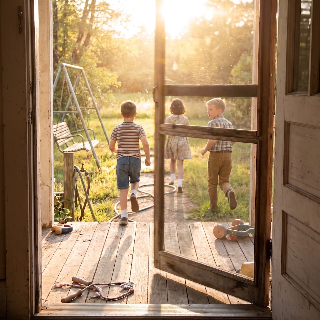 Children running outside to play after finishing their Saturday chores