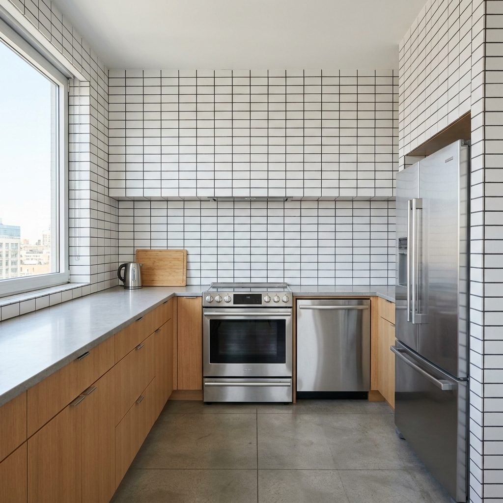 Running Tiny Subway Tile With Dark Grout Across Every Kitchen Surface
