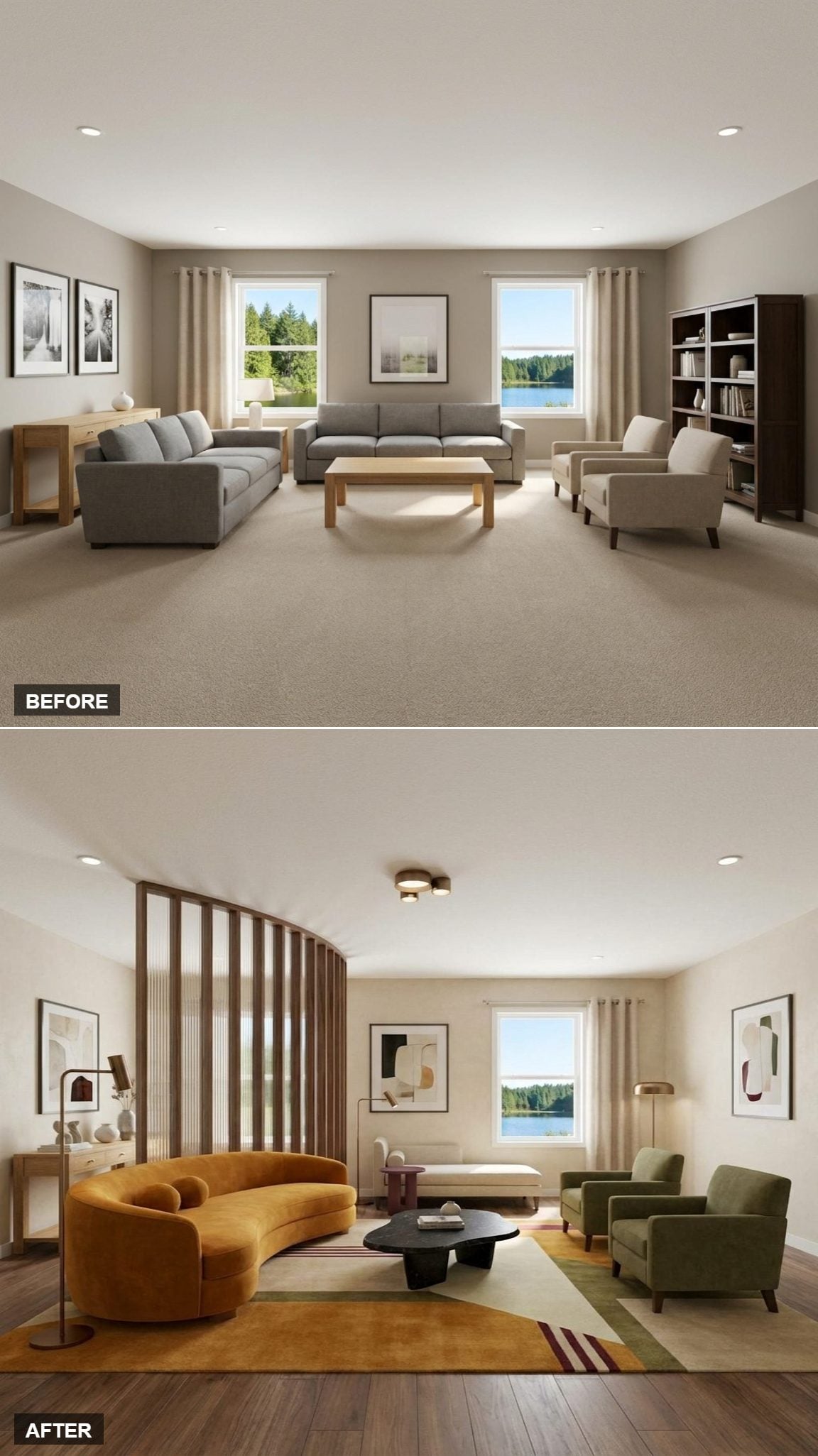 Saffron Sofa and Walnut Rib Divider: The Dual-Zone Curved Lounge