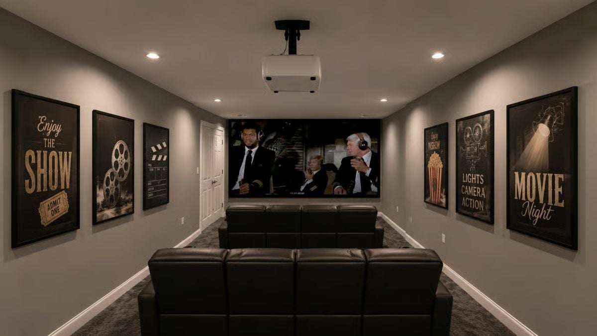 Leather Recliners, Cinema Posters, and a Projector That Earns Its Ceiling Mount