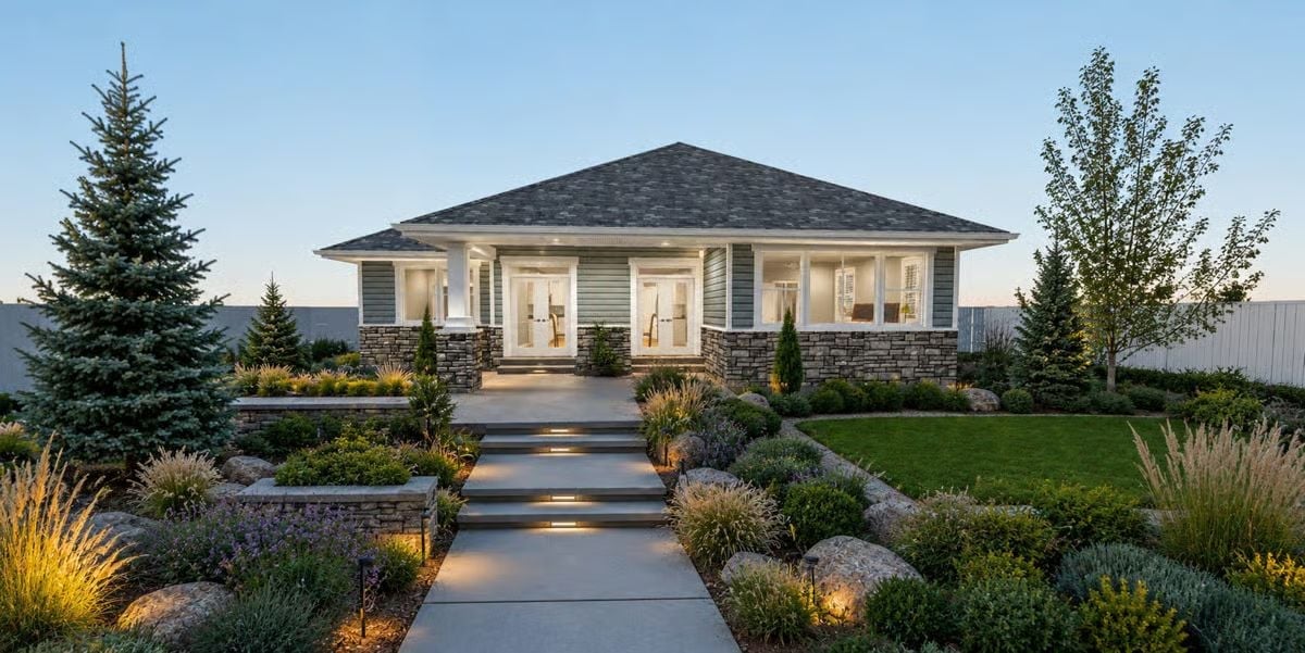 Stone Base, Soft Light, and a Walkway That Makes You Slow Down